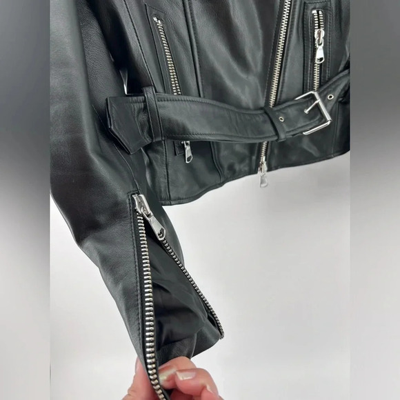 French Connection 100% Real leather jacket Black Motorcycle Look Size 4 - Picture 5 of 14